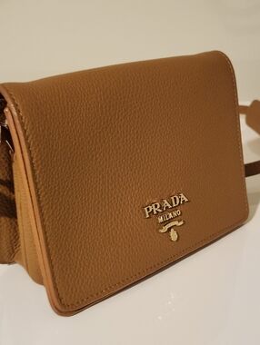 Prada Pebbled Leather Crossbody - Tan with Gold Hardware